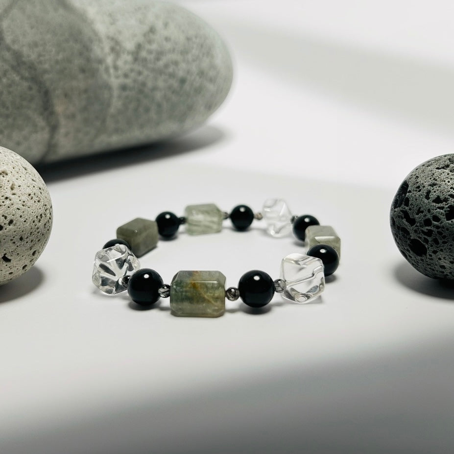 Frosted Clarity – Rutilated Quartz · Clear Quartz · Obsidian