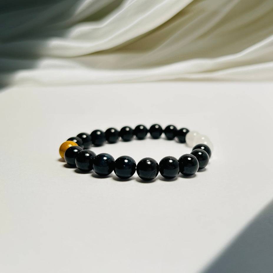 Celestial Balance – Obsidian · Moonstone · Lacquer Bead