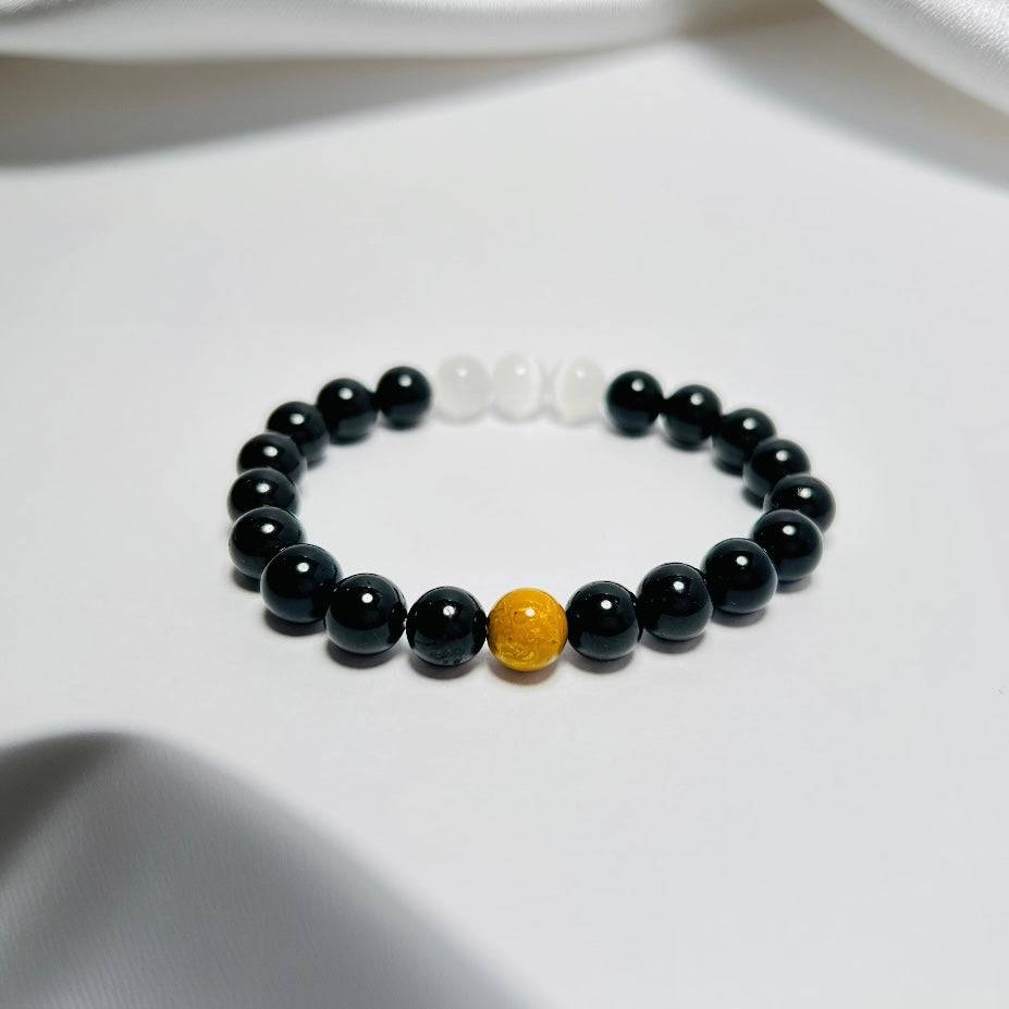 Celestial Balance – Obsidian · Moonstone · Lacquer Bead
