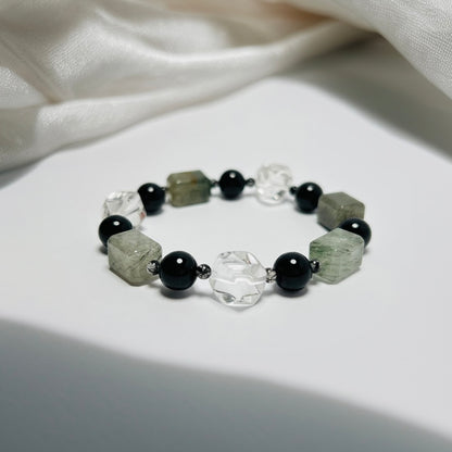 Frosted Clarity – Rutilated Quartz · Clear Quartz · Obsidian