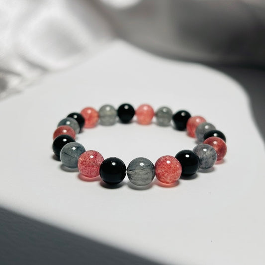 Guardian of Love & Clarity – Strawberry Quartz · Obsidian · Rutilated Quartz