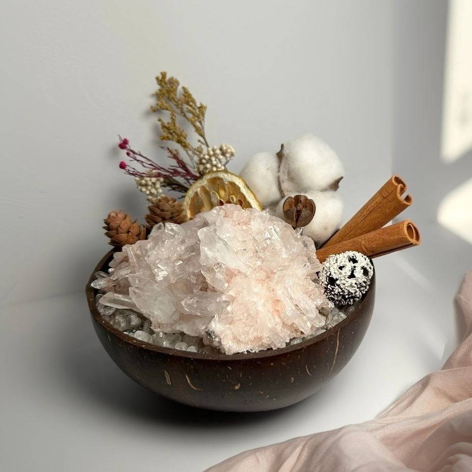 Lemurian crystal coconut bowl arrangement with dried botanicals, a soothing crystal gift for sensitive hearts
