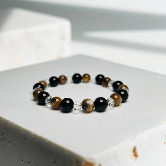 Eclipse Harmony – Clear Quartz · Obsidian · Golden Rutilated Quartz