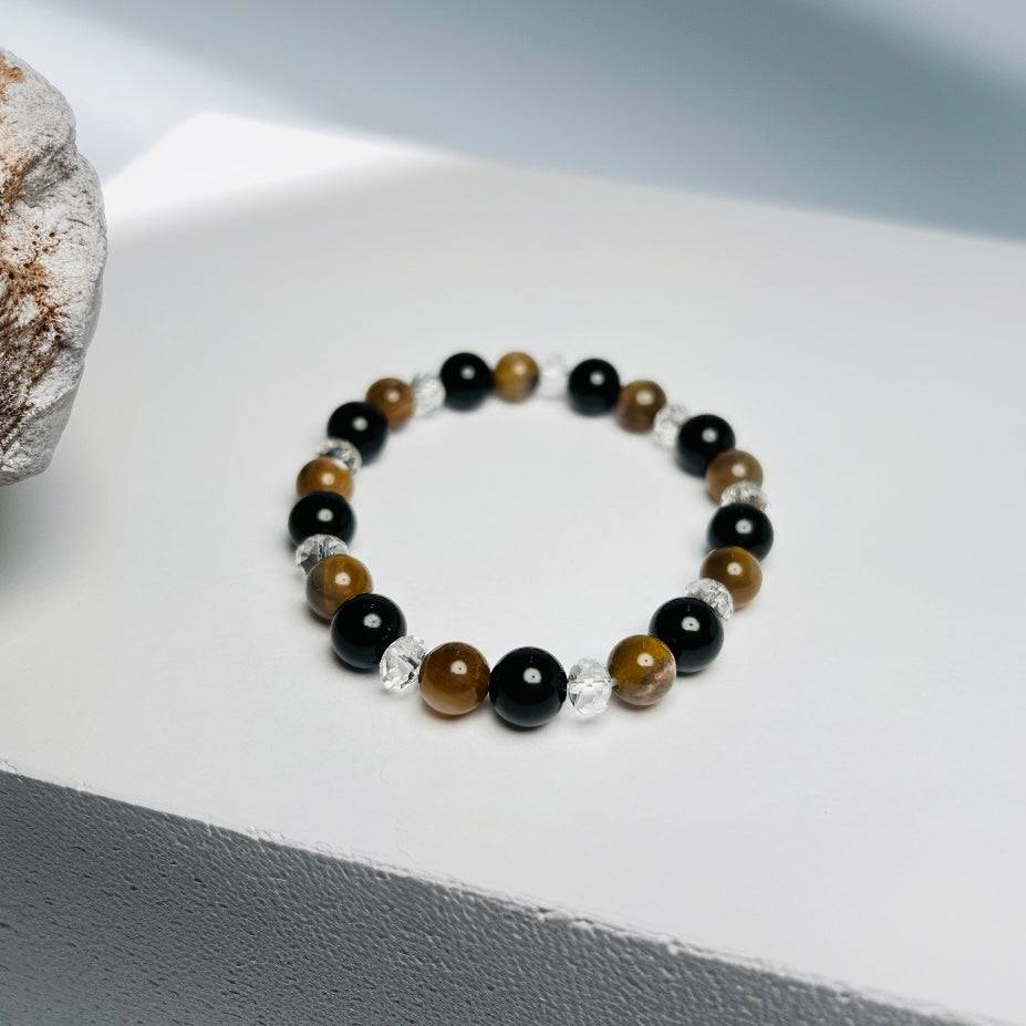 Eclipse Harmony – Clear Quartz · Obsidian · Golden Rutilated Quartz