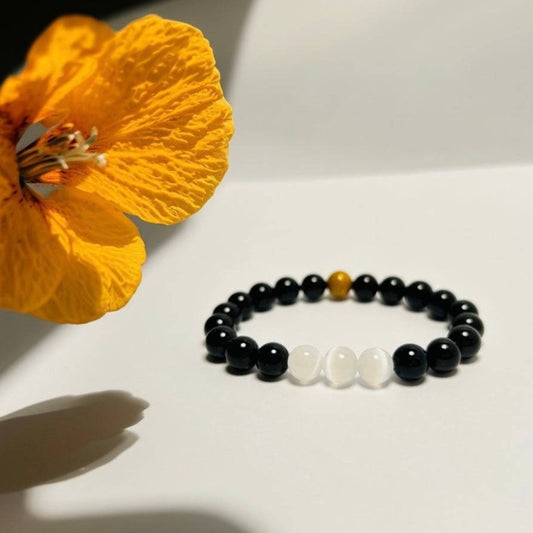 Celestial Balance – Obsidian · Moonstone · Lacquer Bead