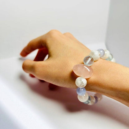 Dawn Whisper – Rose Quartz · Snow Phantom Quartz · Blue Lace Agate · Aquamarine