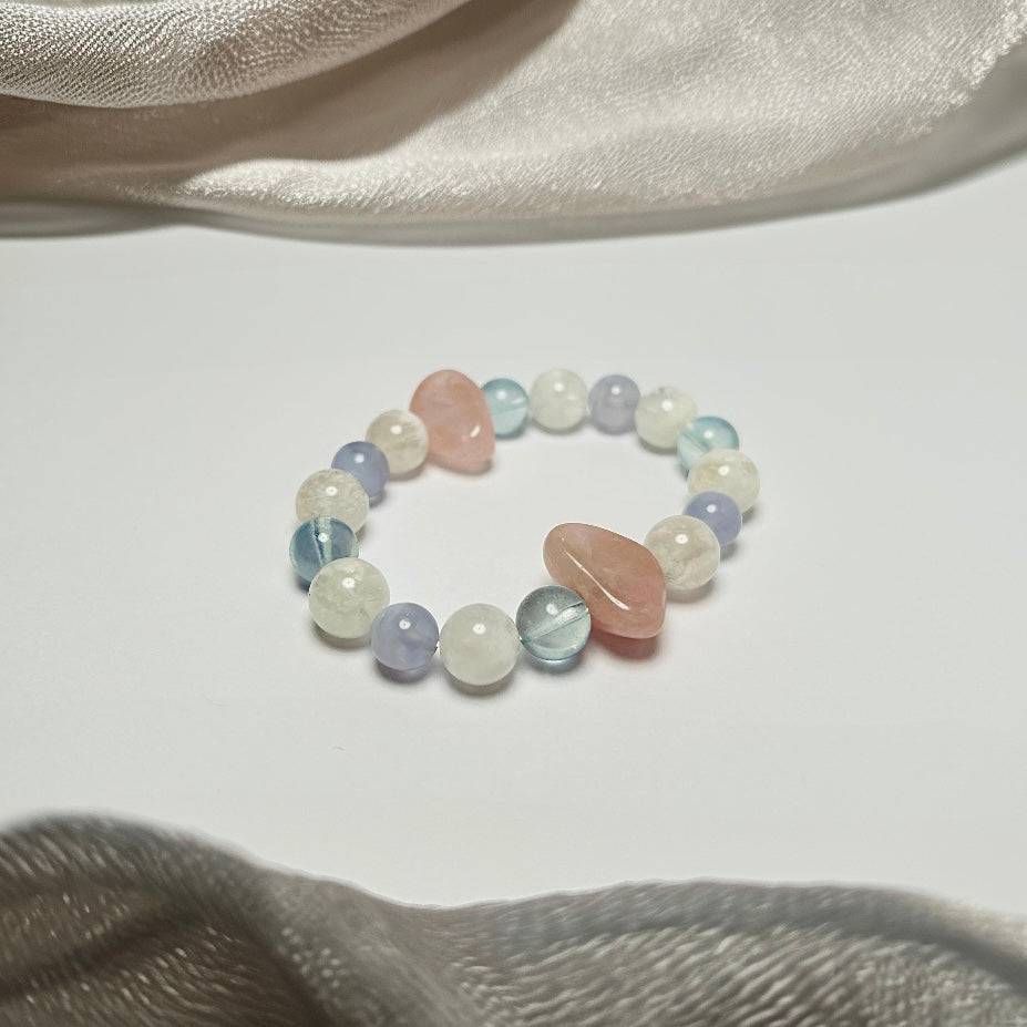 Dawn Whisper – Rose Quartz · Snow Phantom Quartz · Blue Lace Agate · Aquamarine