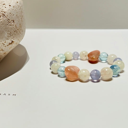 Dawn Whisper – Rose Quartz · Snow Phantom Quartz · Blue Lace Agate · Aquamarine