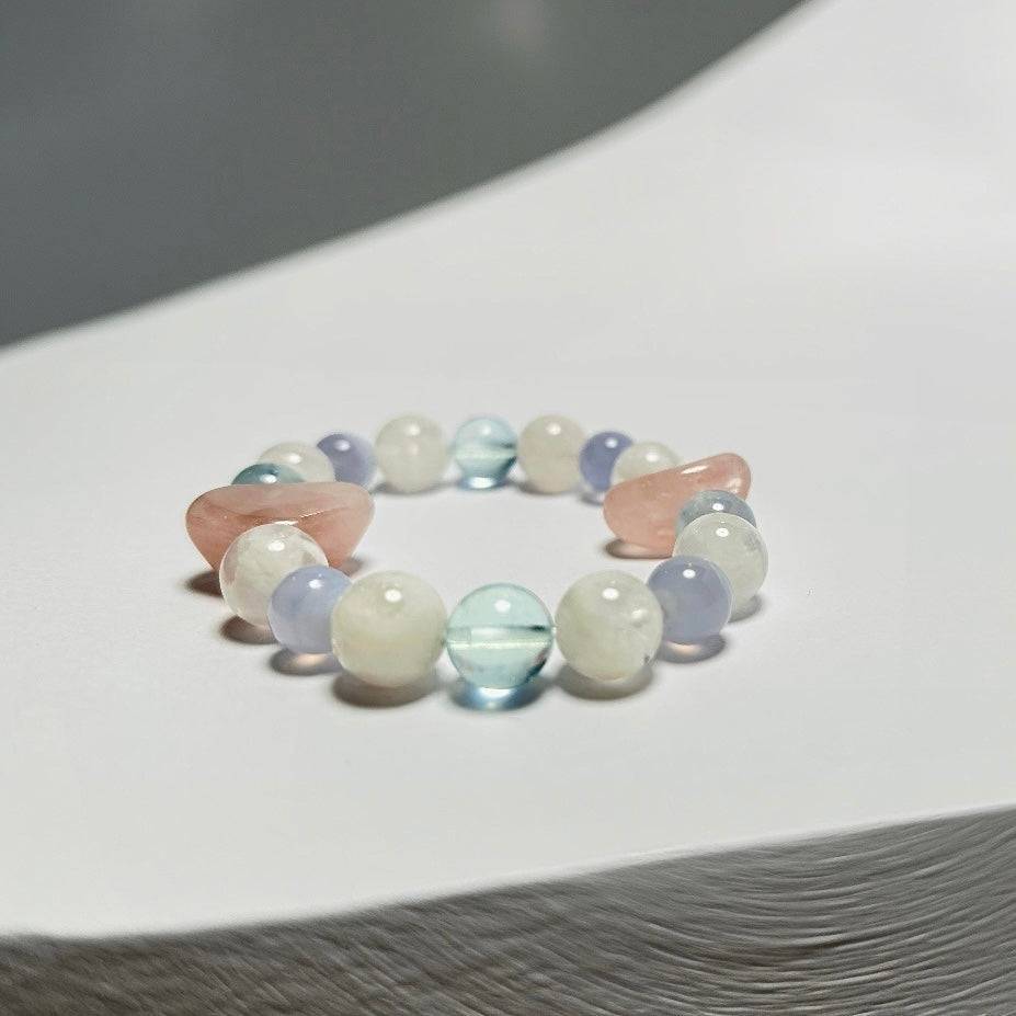 Dawn Whisper – Rose Quartz · Snow Phantom Quartz · Blue Lace Agate · Aquamarine